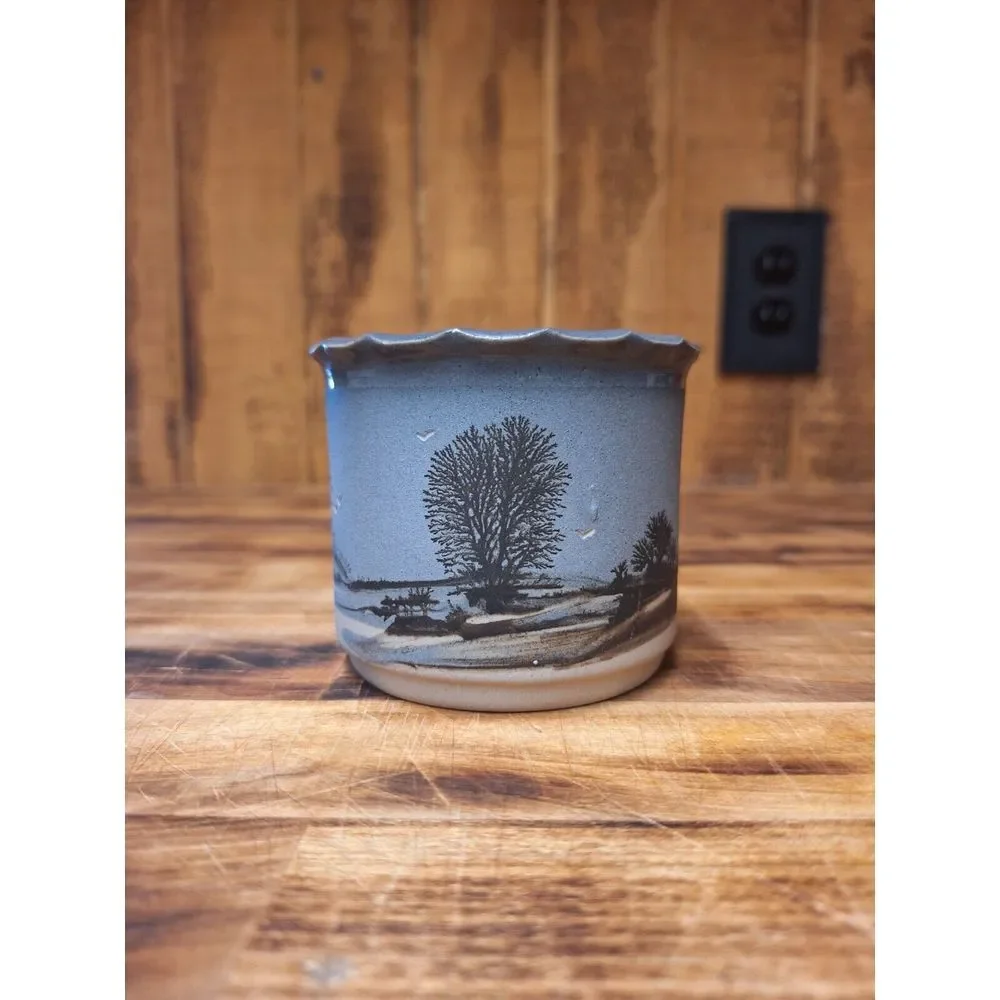 Wonderful‎ hand-made studio pottery brush pot / vase grey tones trees & birds